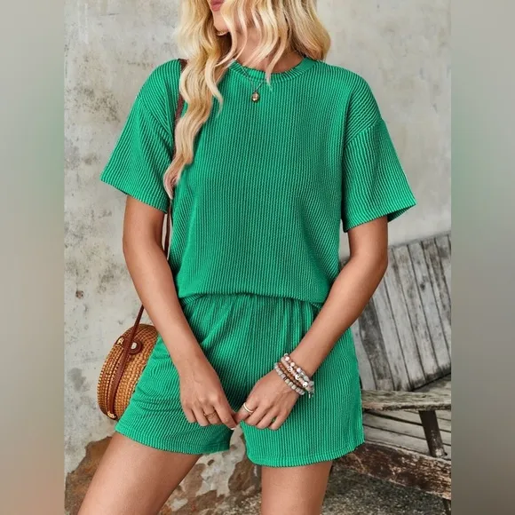 Textured Round Neck Short Sleeve Top and Shorts Set