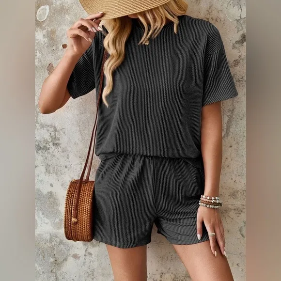 Textured Round Neck Short Sleeve Top and Shorts Set