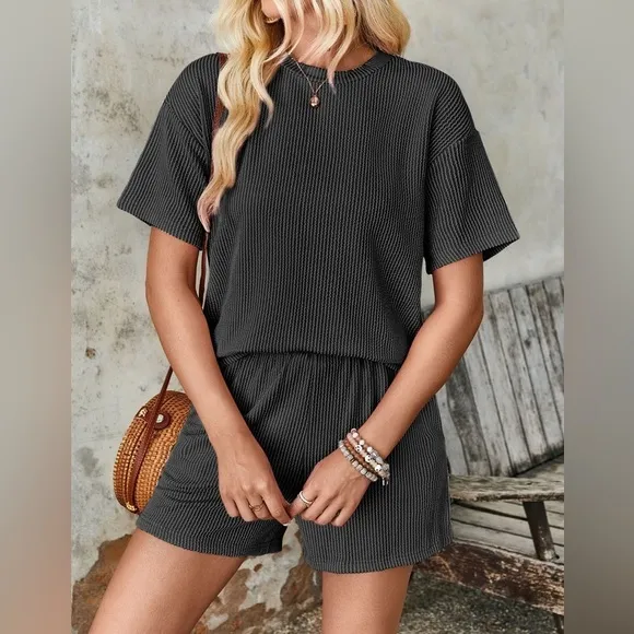 Textured Round Neck Short Sleeve Top and Shorts Set
