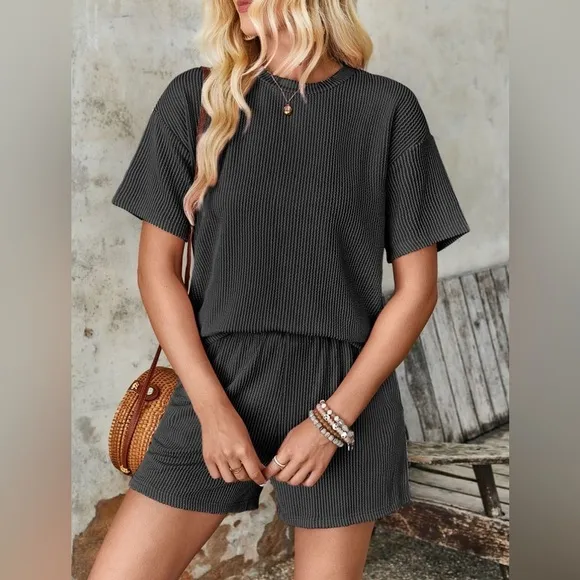 Textured Round Neck Short Sleeve Top and Shorts Set
