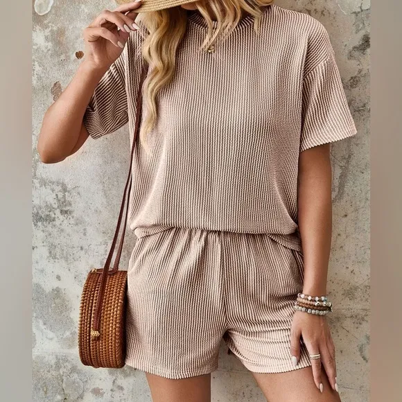 Textured Round Neck Short Sleeve Top and Shorts Set