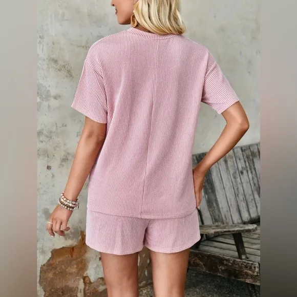 Textured Round Neck Short Sleeve Top and Shorts Set