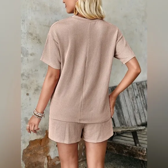 Textured Round Neck Short Sleeve Top and Shorts Set