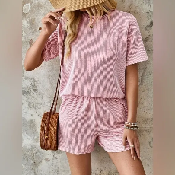 Textured Round Neck Short Sleeve Top and Shorts Set