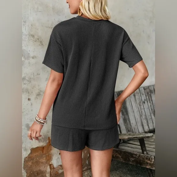 Textured Round Neck Short Sleeve Top and Shorts Set