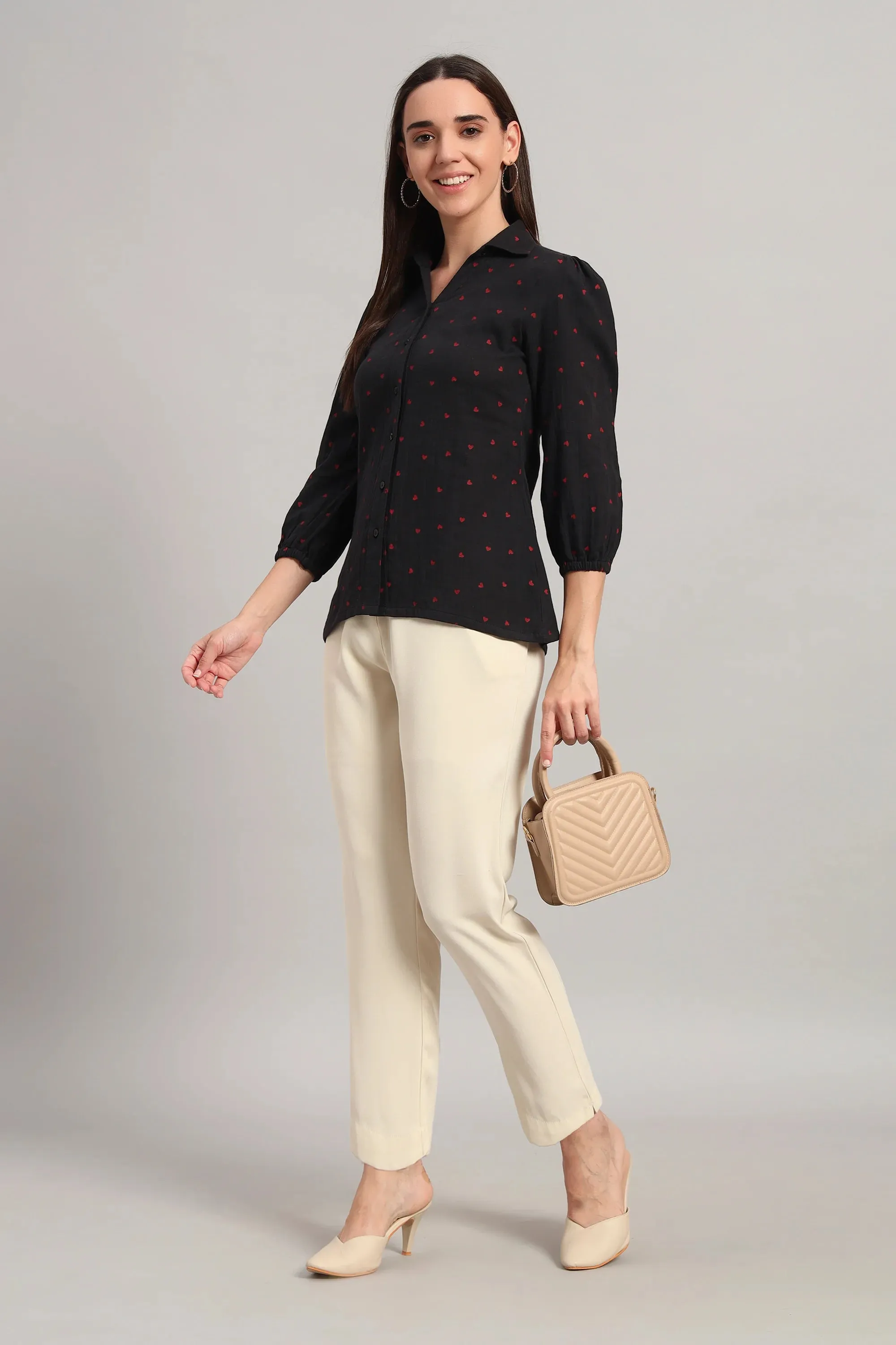 The All-Day Shirt Collar Top, Black Print