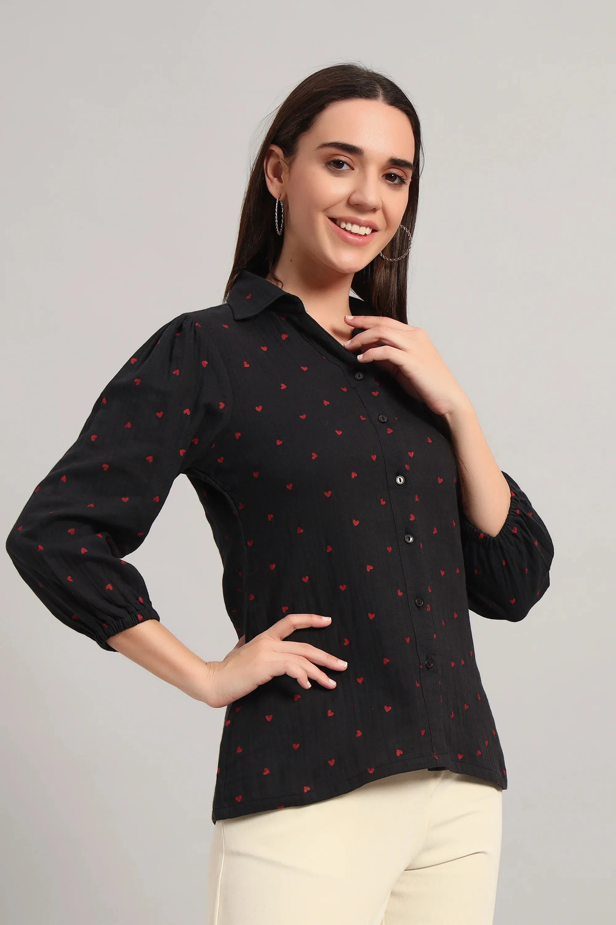 The All-Day Shirt Collar Top, Black Print