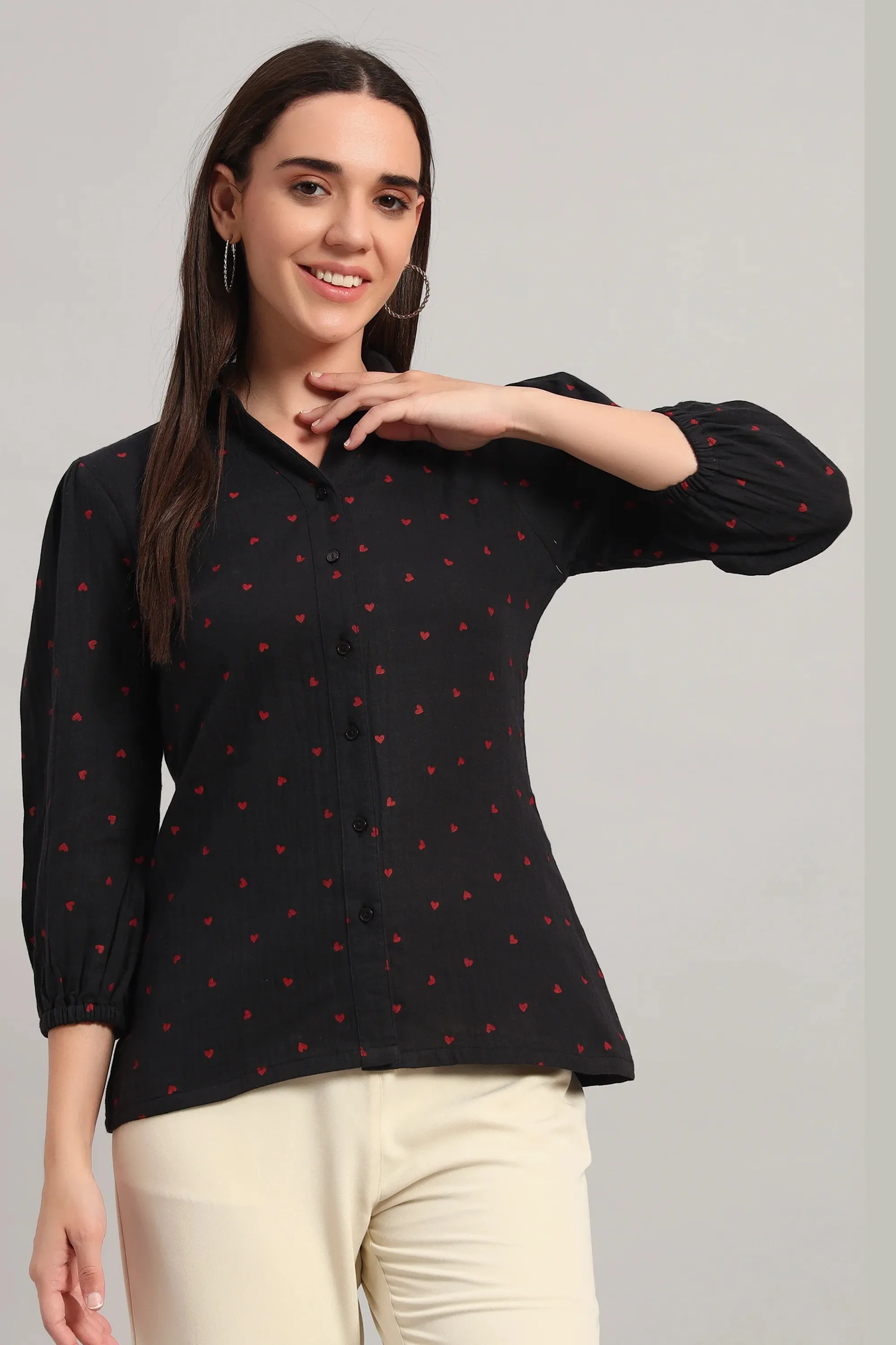 The All-Day Shirt Collar Top, Black Print