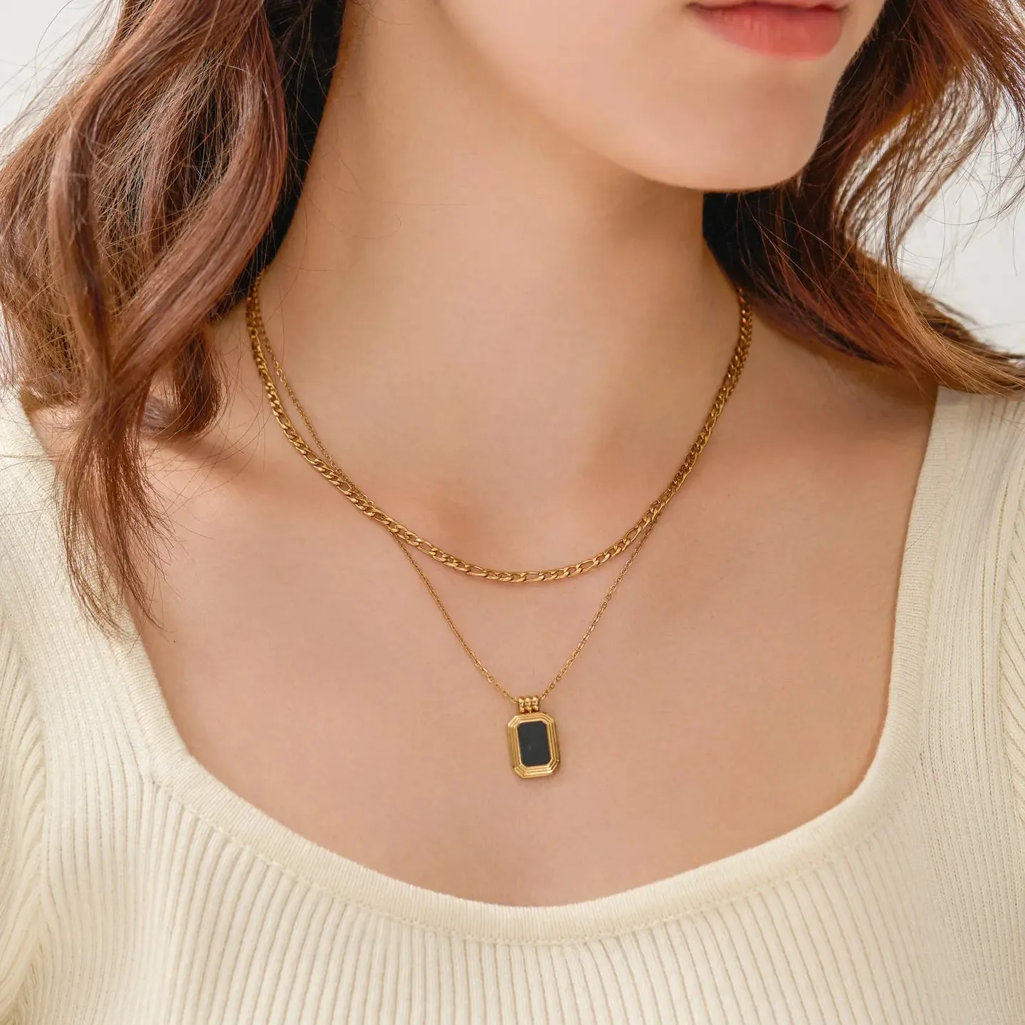 The Mare 18K Gold Stack Necklace with Square Pendant