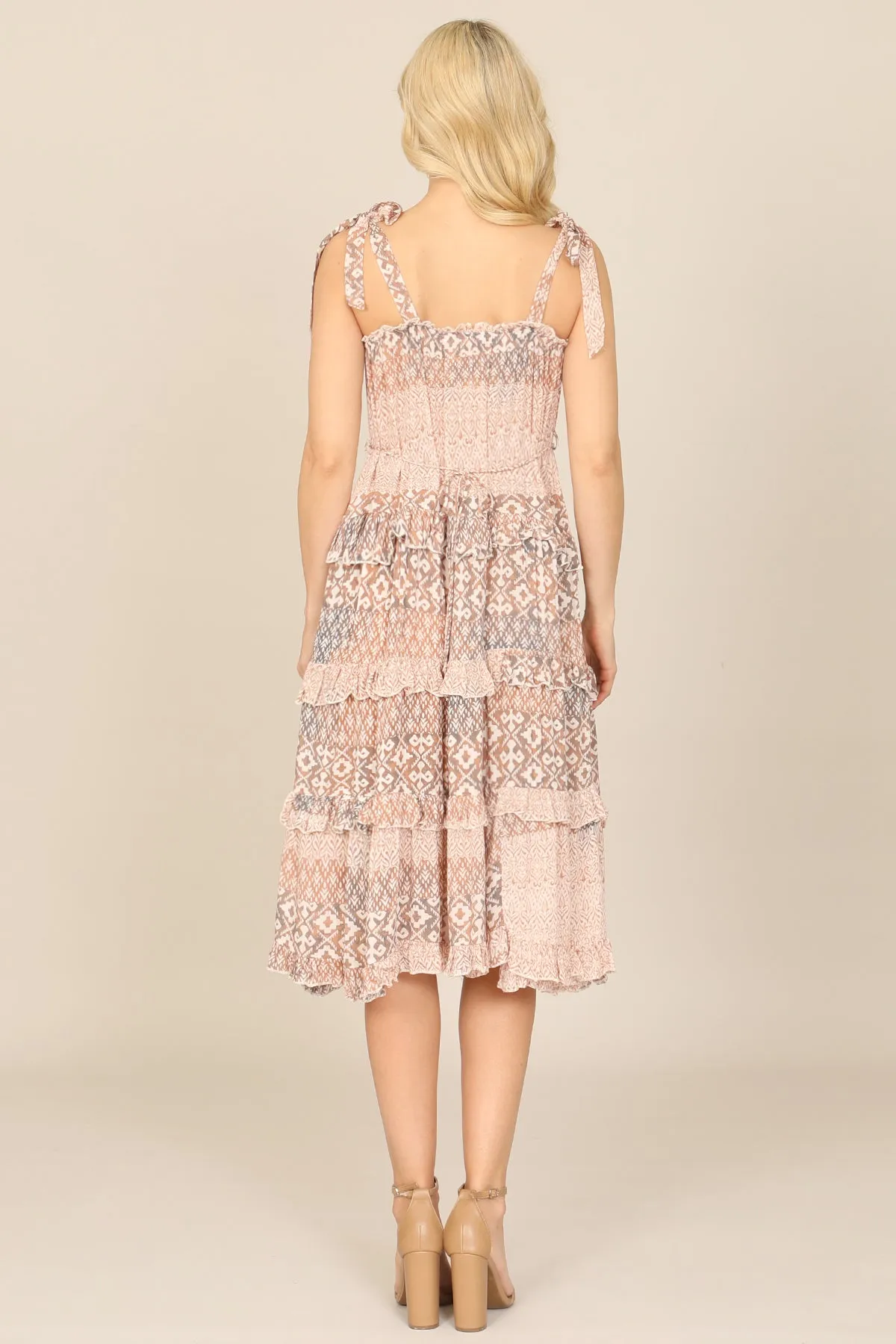 TIE SLEEVE PRINTED RUFFLE DRESS