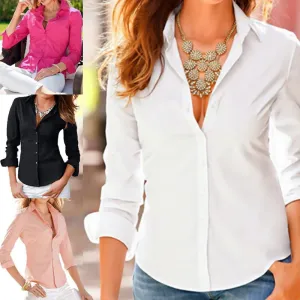 Turn Down Collar Elegant Fashion Slim Long Sleeve Blouse Formal Ladies Office Shirts Black