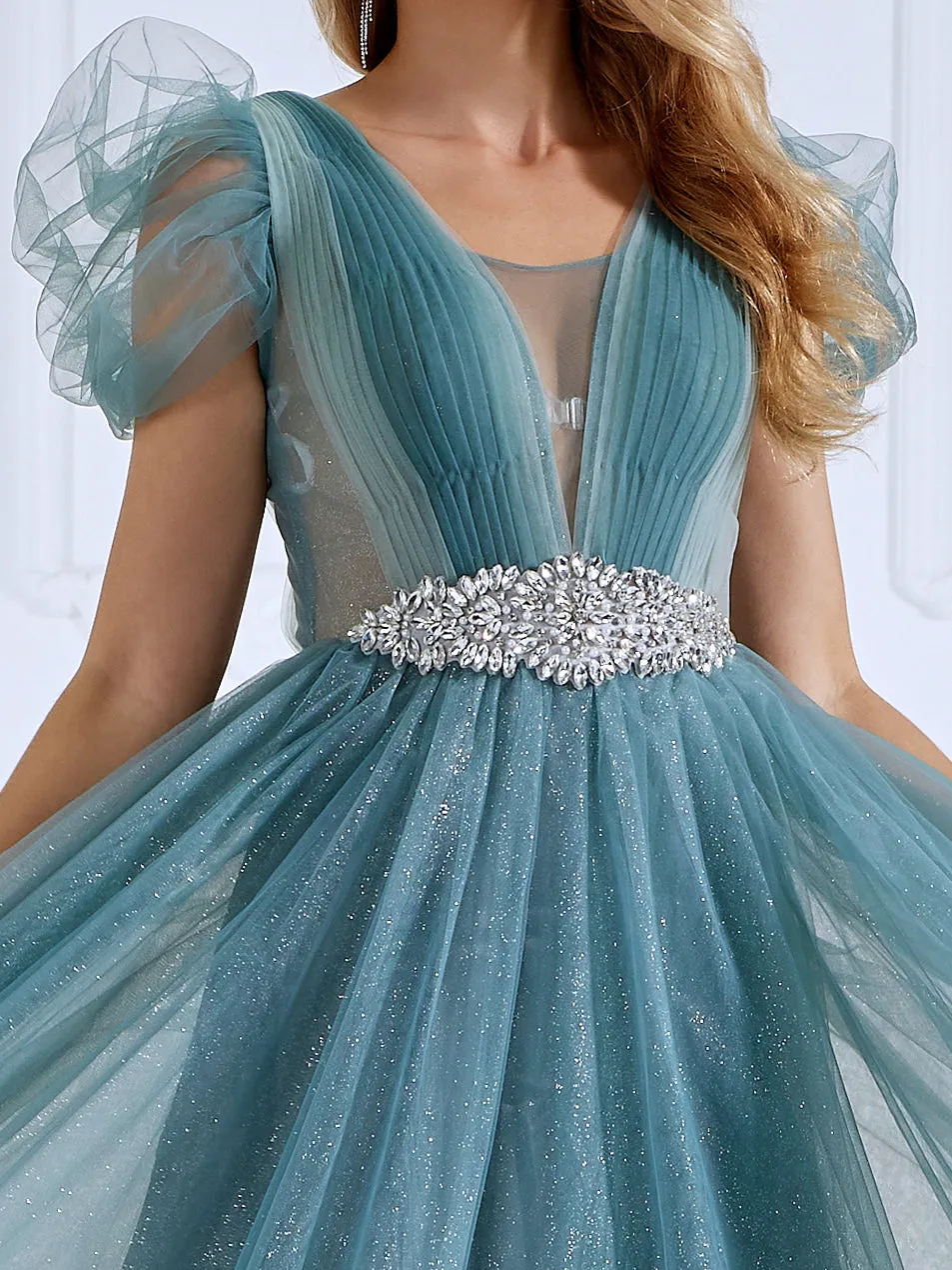 V Neck Glitter Tulle Ankle Length Dress Elegant Prom Dress #21336D