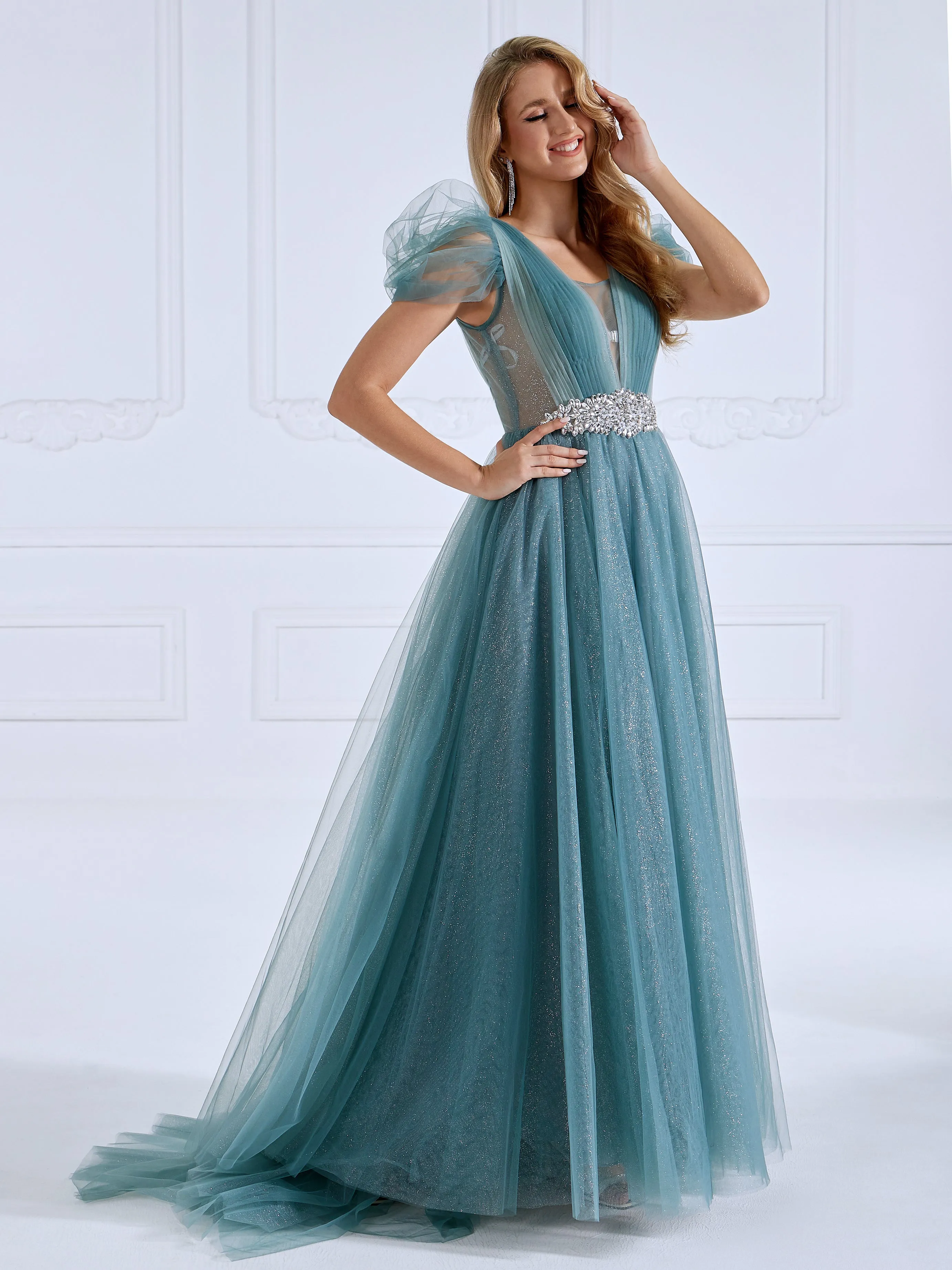 V Neck Glitter Tulle Ankle Length Dress Elegant Prom Dress #21336D