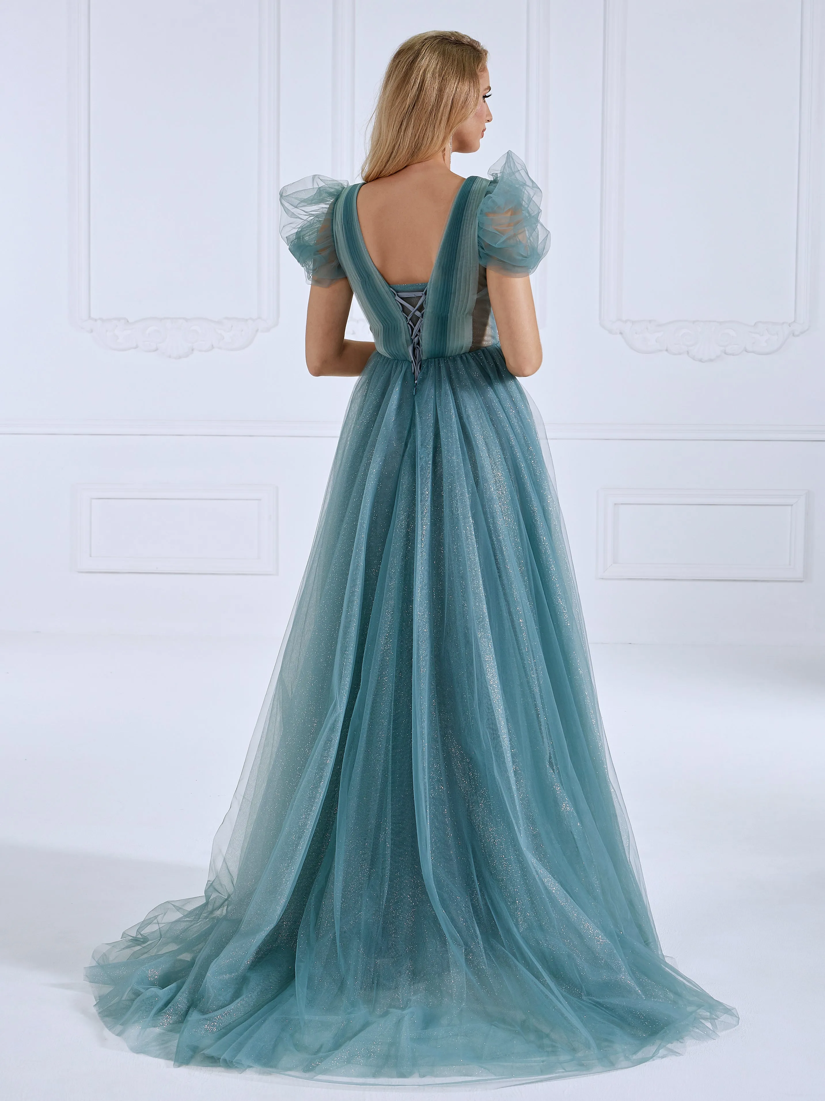V Neck Glitter Tulle Ankle Length Dress Elegant Prom Dress #21336D