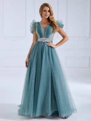 V Neck Glitter Tulle Ankle Length Dress Elegant Prom Dress #21336D
