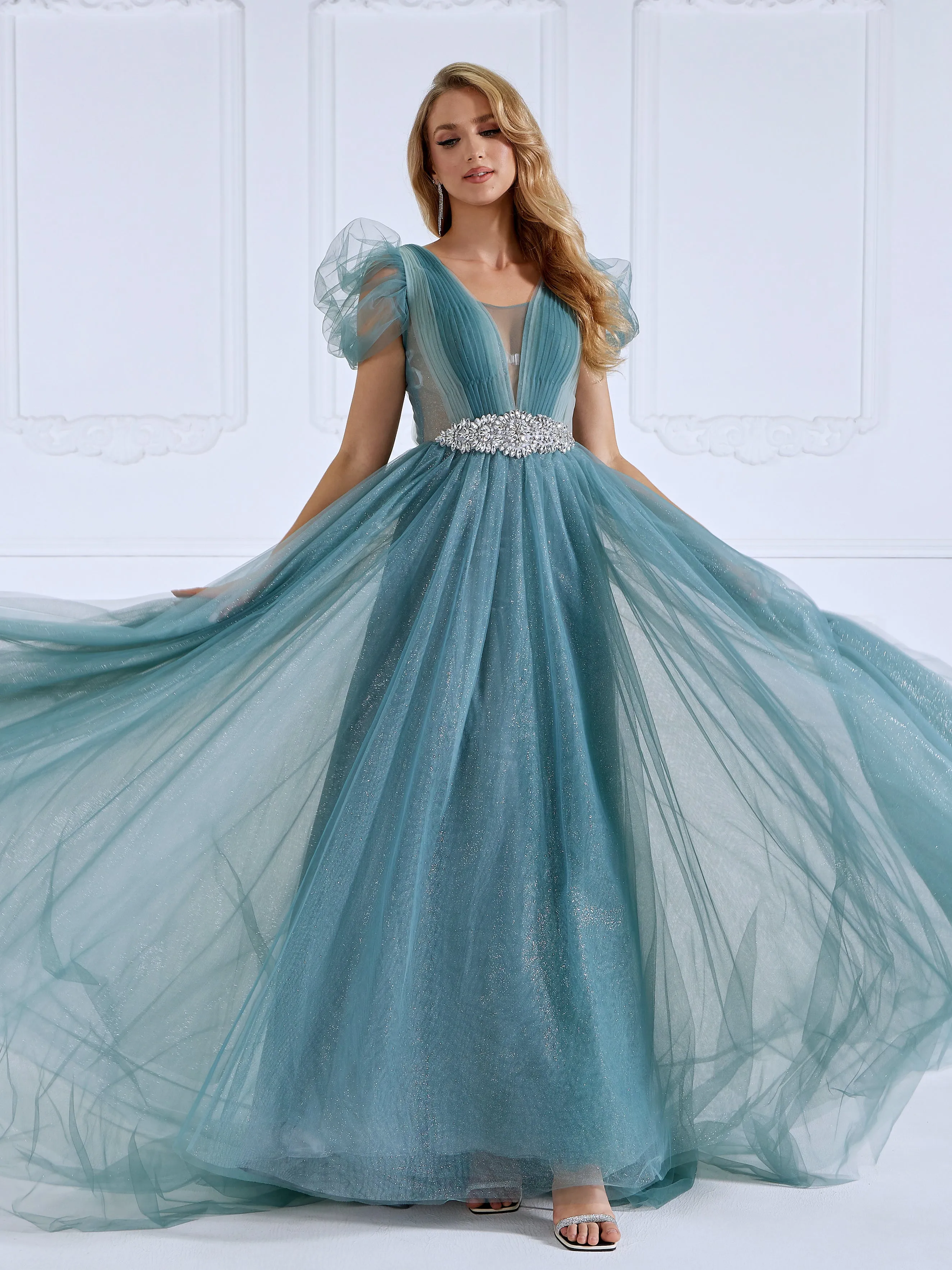 V Neck Glitter Tulle Ankle Length Dress Elegant Prom Dress #21336D