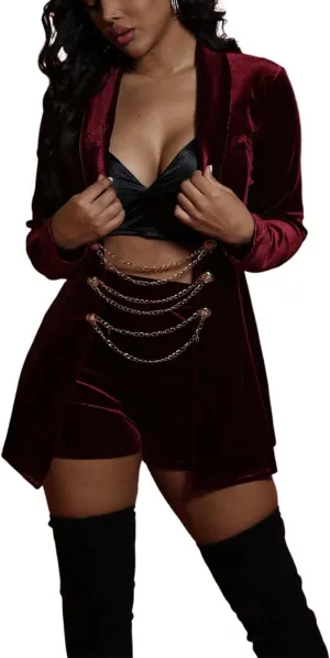 Velvet Long Sleeve Blazer Jacket Bodycon Shorts Set