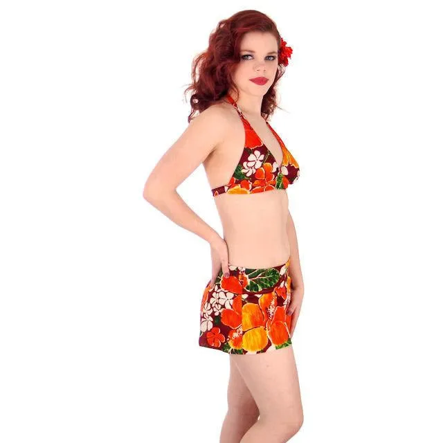 Vintage Womens S Swimsuit Bathing Suit 1970s 2 Piece Bikini Hawaiian Print Halter  Shorts