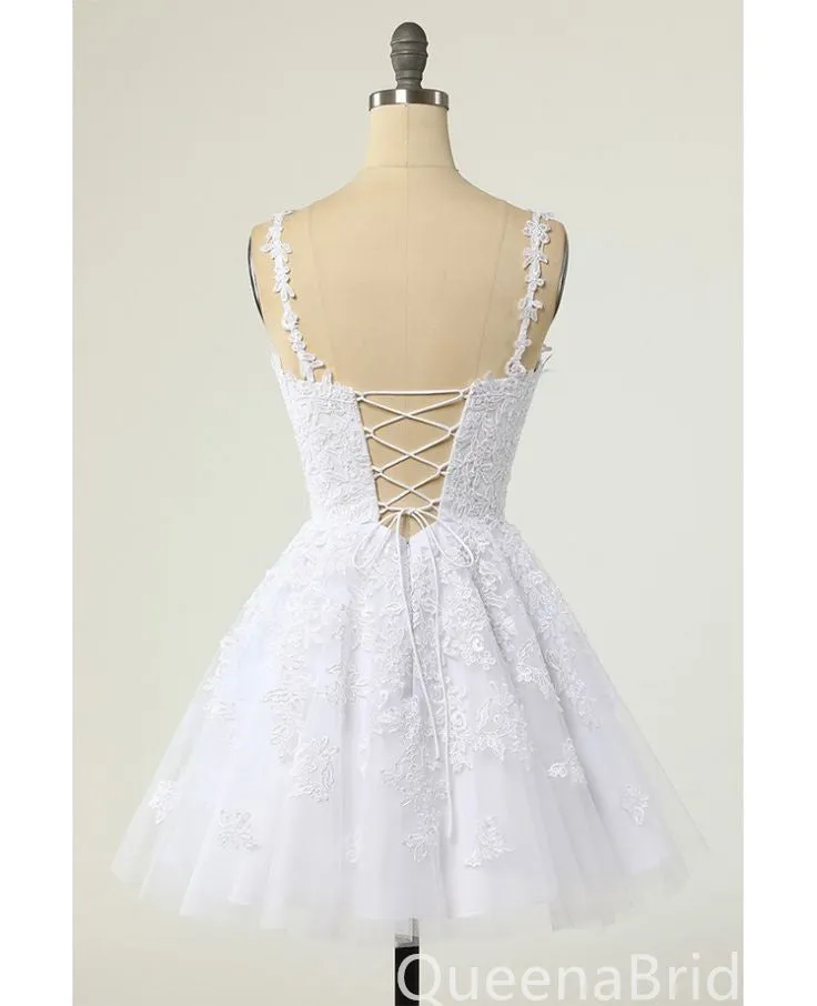 White Appliques V Neck A-line Graduation Party Short Homecoming Dresses, QB0795