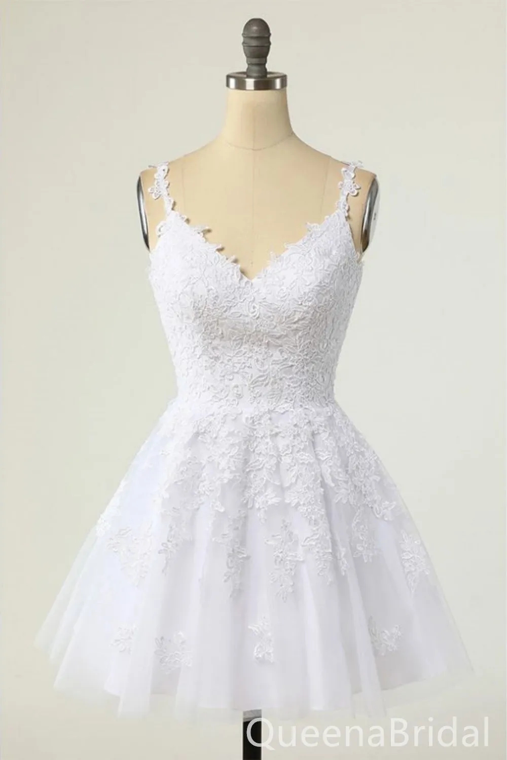 White Appliques V Neck A-line Graduation Party Short Homecoming Dresses, QB0795