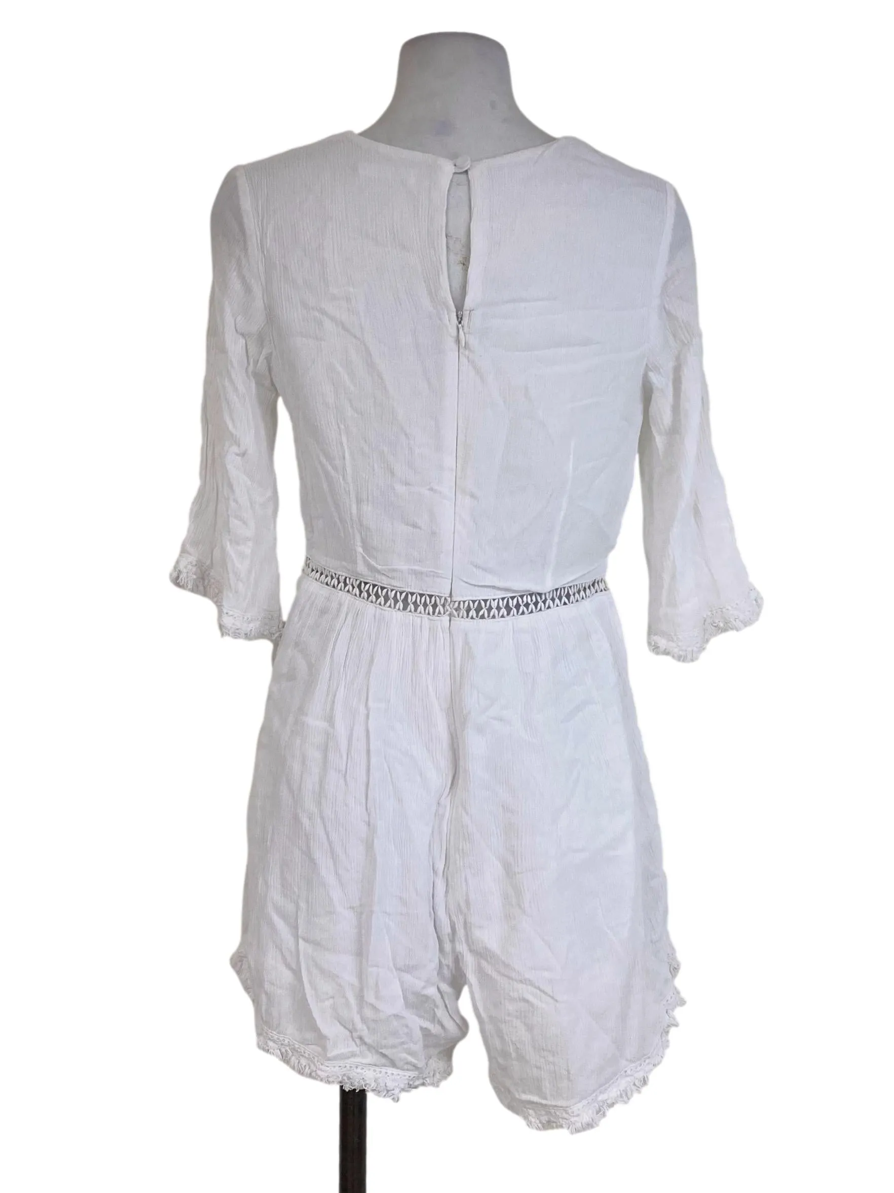 White Textured Embroidered Romper