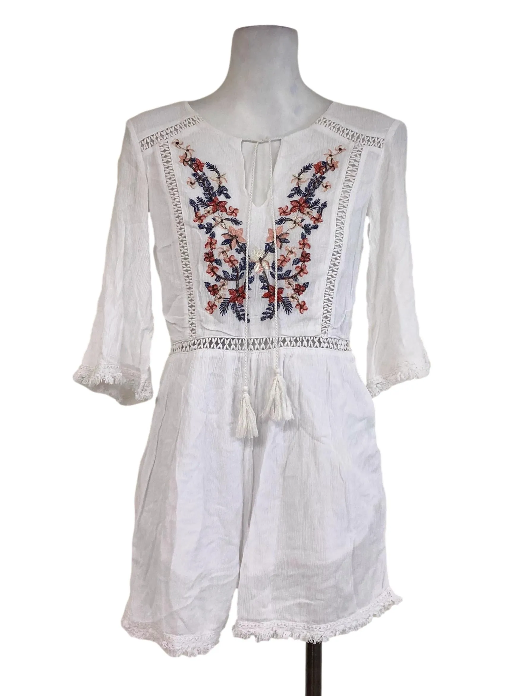White Textured Embroidered Romper