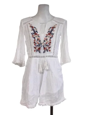 White Textured Embroidered Romper