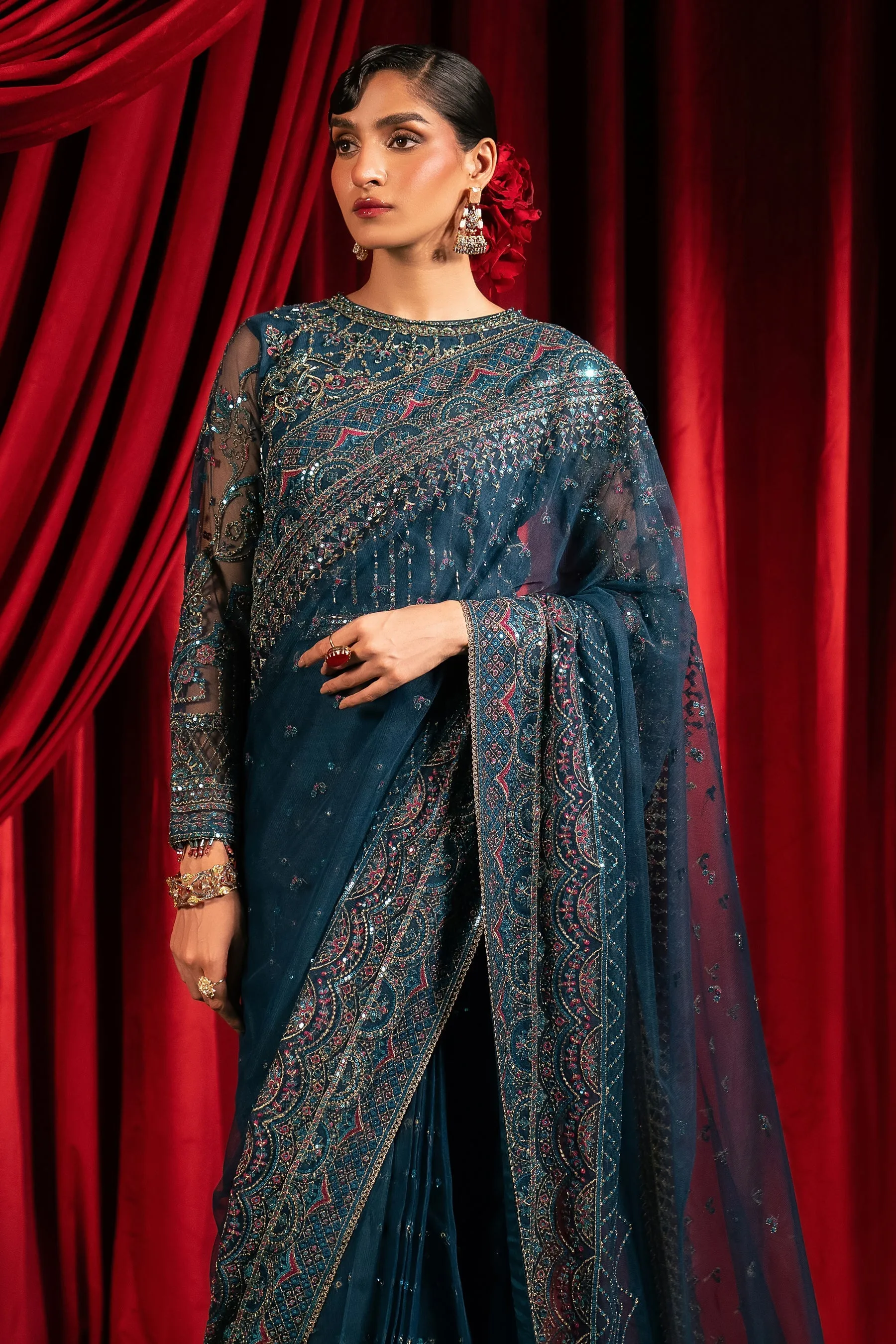 Zinc Shade Elegant Pakistani Wedding Dress Embroidered Net Saree