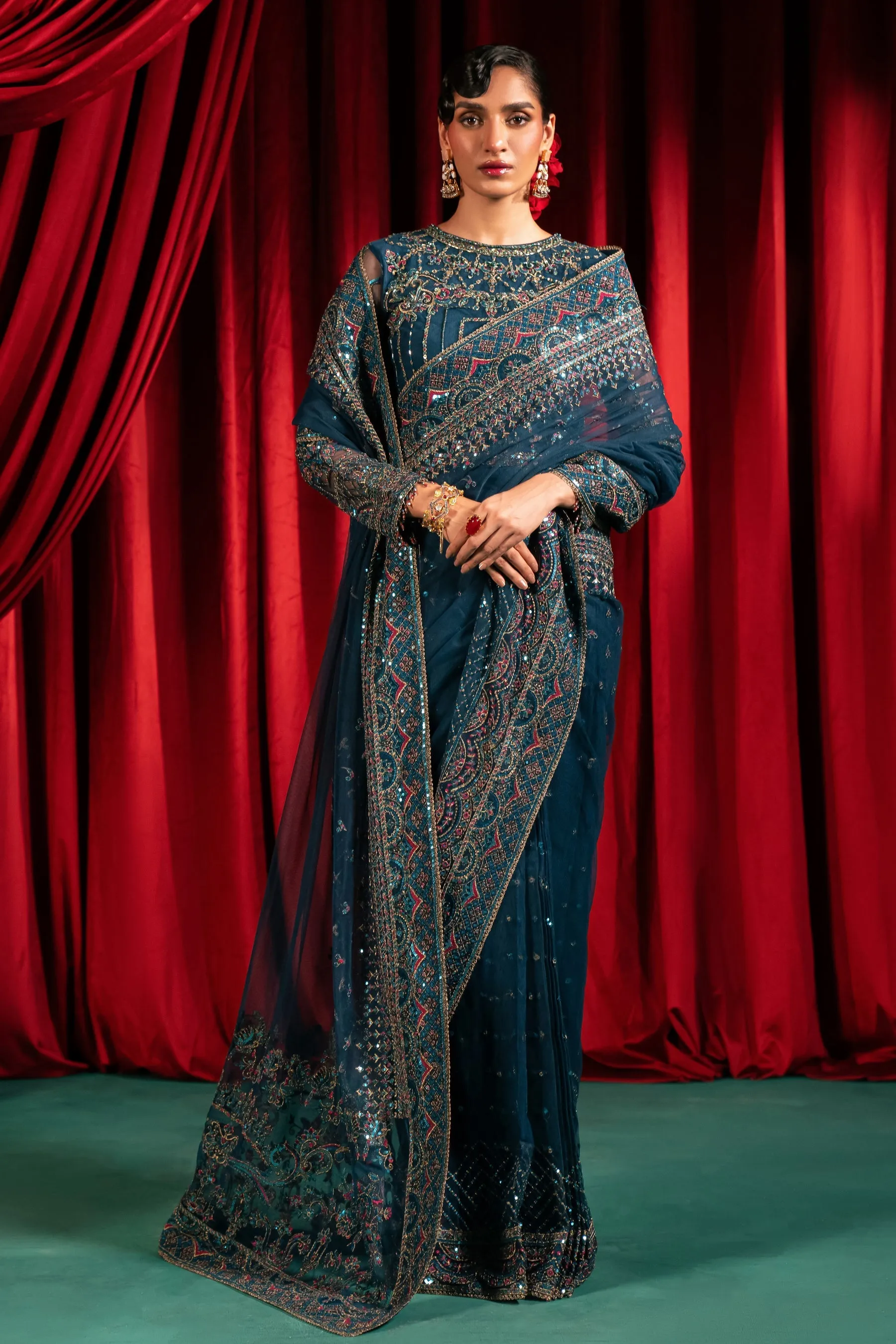 Zinc Shade Elegant Pakistani Wedding Dress Embroidered Net Saree