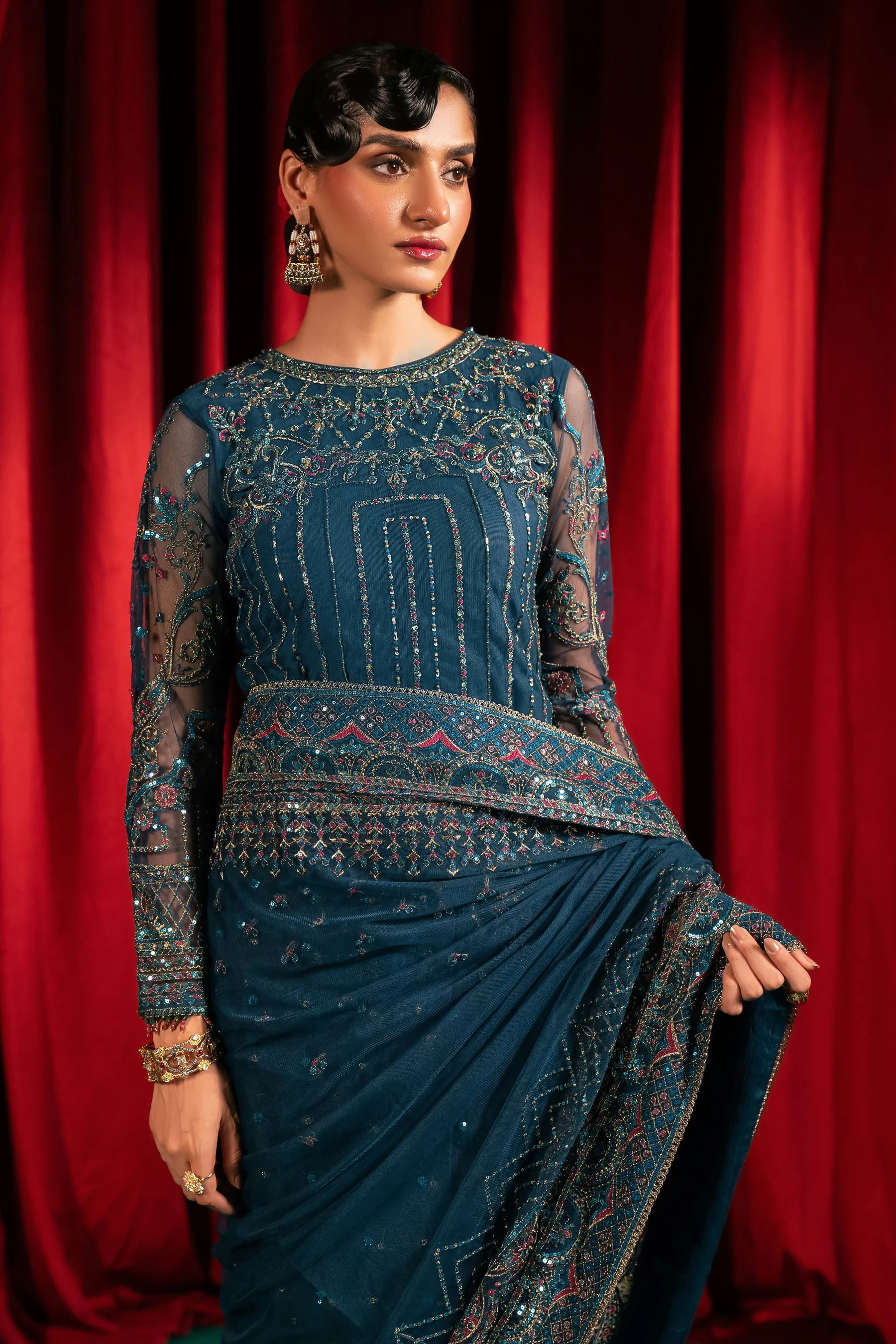 Zinc Shade Elegant Pakistani Wedding Dress Embroidered Net Saree